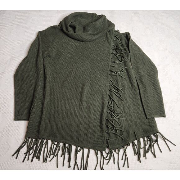 Lagenlook Oversized Fringed Woman's Sweater Sz. L Olive Green Fringed Boho Knit - Picture 8 of 8